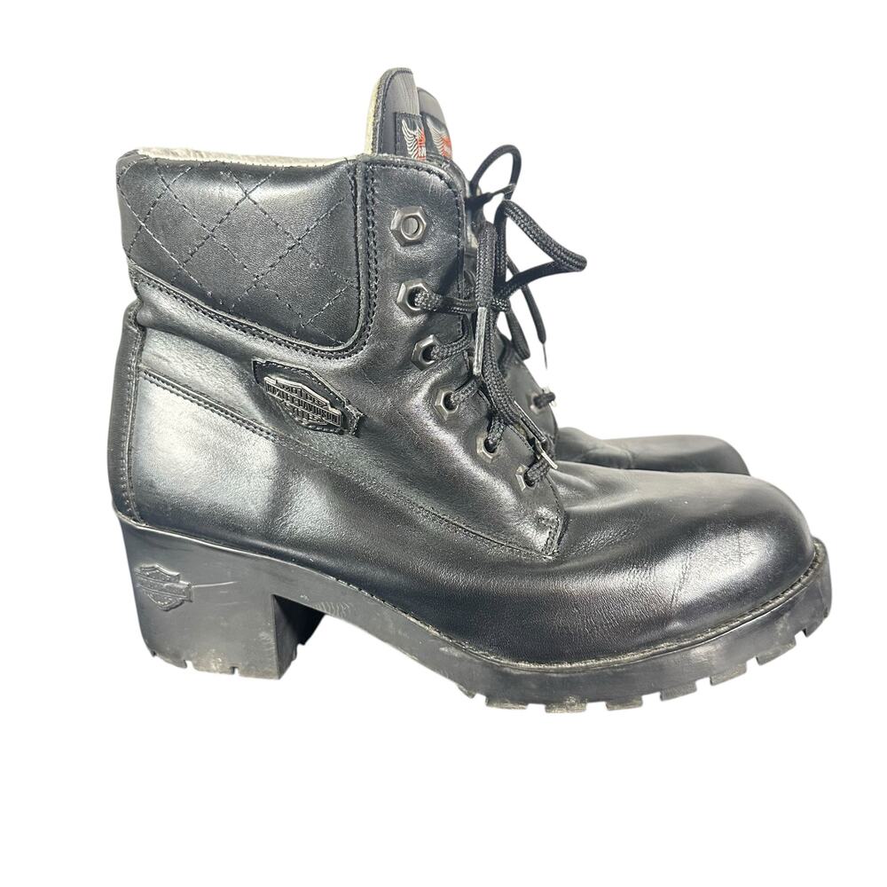 Women's Harley-Davidson Black Leather Lace-Up Boots Quilted Ankles Size 10